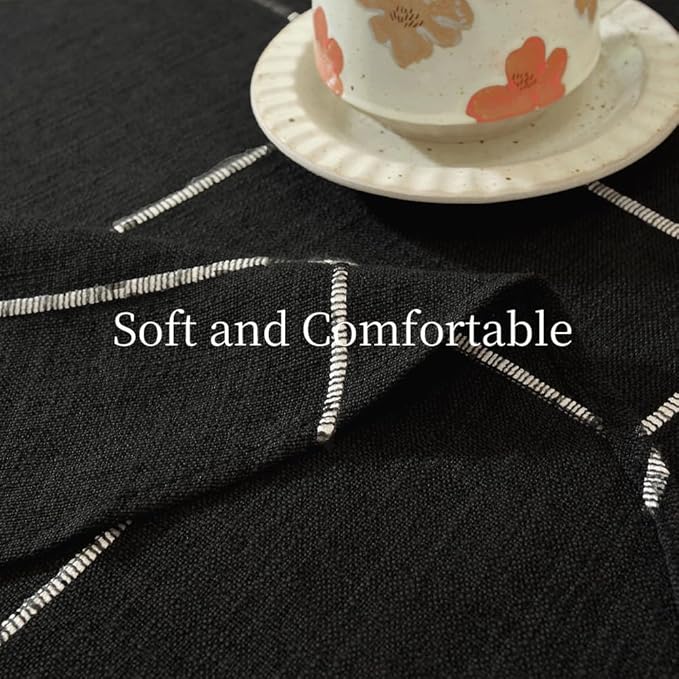 Zobesta Linen Table Cloth Round Tablecloth 53 inch, Washable Farmhouse Soft Boho Black Plaid Round Table Cloth for Party, Holiday, Picnic, Dining, Outdoor