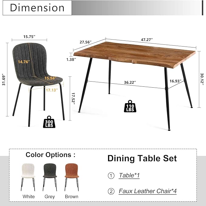 Rectangular Dining Table Set for 4 with PU Leather Chairs - Modern Kitchen Table and Chairs Set for Small Spaces - Dark Gray