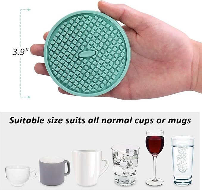 ME.FAN Silicone Coasters [6 Pack] Thickened Drink Coasters with Holder - Cup Mat - Non-Slip, Non-stick, Stay Put, Deep Tray - Prevents Furniture and Tabletop Damages(Green)