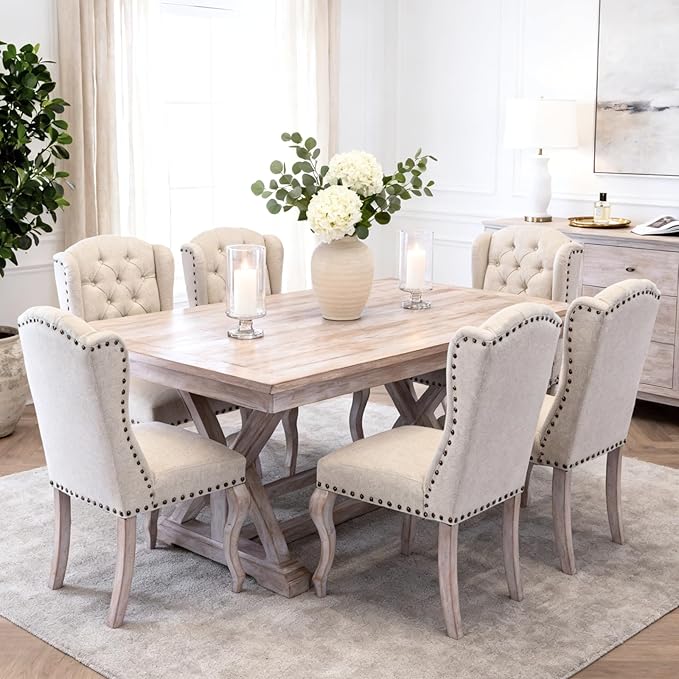chairus Tufted Parsons Dining Chairs Set of 2, French Country Upholstered Dining Room Chairs with Nailhead Trim & Curved Wood Legs, Farmhouse High Back Armless Side Kitchen Chairs, Beige Linen