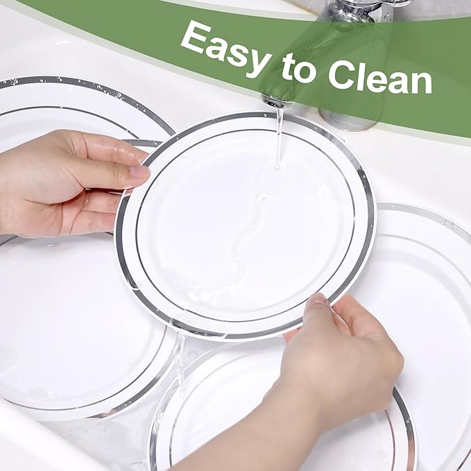 100 PCS Silver Plastic Plates, Silver Plastic Disposable Plates Include 50 Dinner Plate and 50 Dessert Plate Perfect for Holiday, Birthday, Wedding & Party