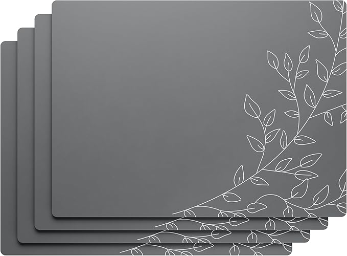 Royalty Art Dark Gray Boho Placemats, 4 Pc. Set, Non-Slip Cork Backed, Wipeable Heat Resistant Surface for Kitchen and Dining Table Protection, Cute Floral Pattern for Farmhouse or Rustic Decor