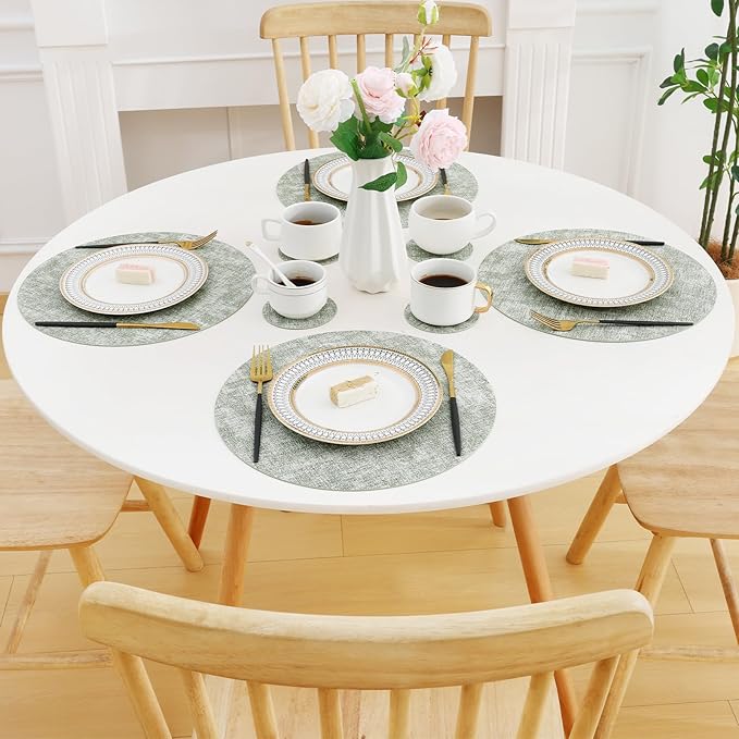 Homaxy Round Faux Leather Placemats and Coasters, Washable Dual-Side Table Mats, Wipeable Heat-Resistant Dining Place Mats for Outdoor and Indoor, Set of 4, Diameter 13 and 3.93 inch, Grass Green