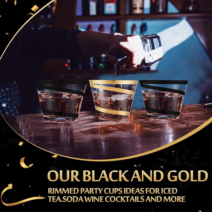 Gejoy 9 oz Rimmed Swirl Plastic Cups Disposable Wine Drinking Cups Clear Elegant Halloween Tumblers for Christmas Party Supplies(Black, Gold,200 Pcs)