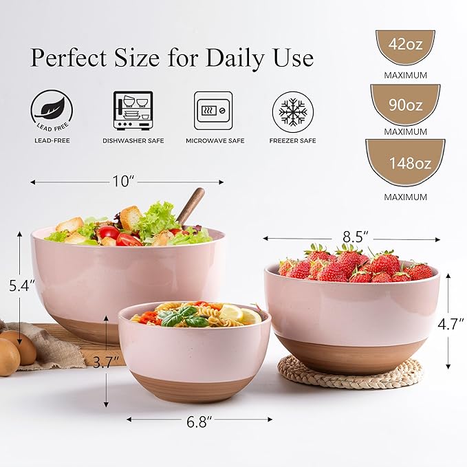 AmorArc Ceramic Mixing Bowls|Nesting Bowls Set of 3 for Kitchen|Stoneware Serving Bowls with Rustic Terracotta Underside for Mixing,Cooking,Baking,Salad| Microwave & Dishwasher Safe 4.6/2.8/1.3 Qt