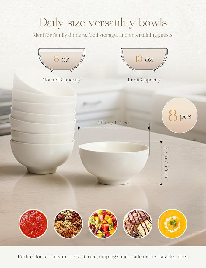 AISBUGUR Dessert Bowls Set of 8,10 OZ Ceramic Small Bowls for Kitchen,4.5 "White Ice Cream Bowls for Dishwasher & Microwave Safe