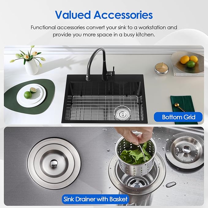 22x18x9 Inch Drop in Kitchen Sink, Handmade 304 Black Stainless Steel Sink, Centre-Offset Drain, R10 Tight Corner, Topmount Kitchen Sink with Strainer & Bottom Grid