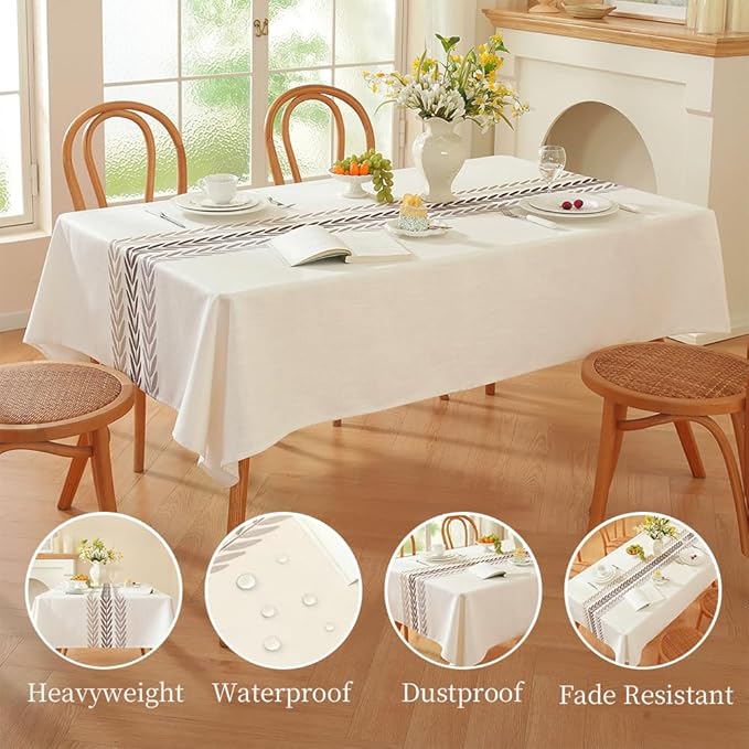 Zobesta Linen Tablecloths Rectanglar 86 x 53 Inch, White Table Cloth Waterproof Heavy Weight Washable Farmhouse Soft Boho Table Cloth Rectangle Tables for Kitchen,Outdoor