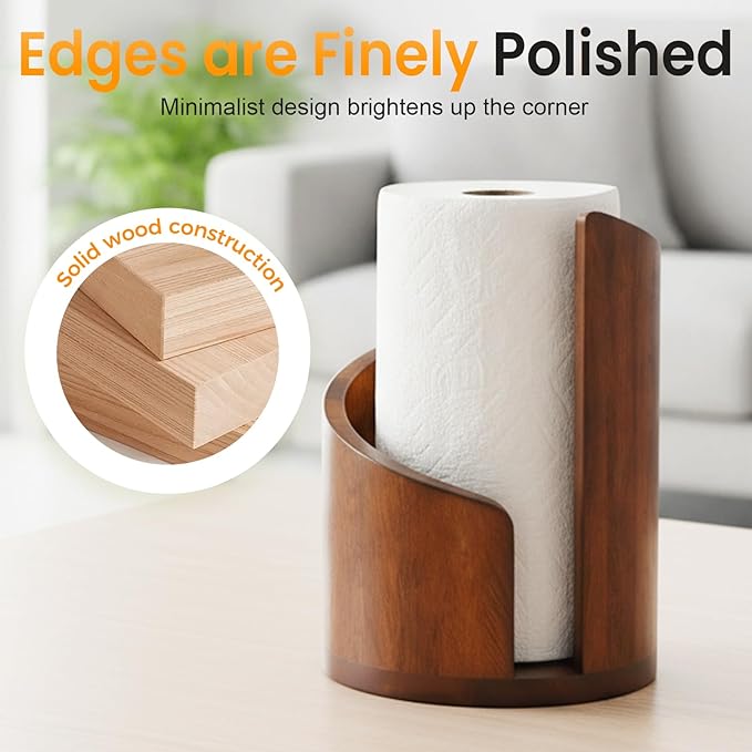 Mountain Paper Towel Holder Countertop, 2026 Upgrade 100% Natural Mango Wood Round Base and Iron Holder, Wooden Paper Towel Holder for Kitchen Roll Organize Dining Table Home Decor (Wood)