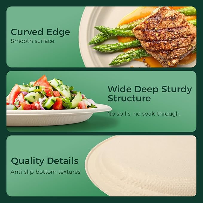100% Compostable Plates - Disposable, Heavy Duty, Biodegradable, Eco-Friendly (Natural, 9 inch, 125-Count)