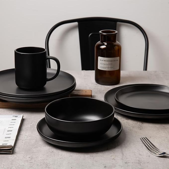 12-Piece Stoneware Dinnerware Set with Mugs | Microwave and Dishwasher Friendly | Stackable Matte Glaze Plates & Bowls | Service for 3 (Black for 3)