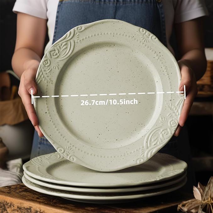 salad plates set of 4, 10.5 inch Reactive Glaze Stoneware Dinner Dish Set for Dessert, Salad, Appetizer, platos de ceramica Dishwasher & Oven Safe, Scratch Resistant-Sesame White
