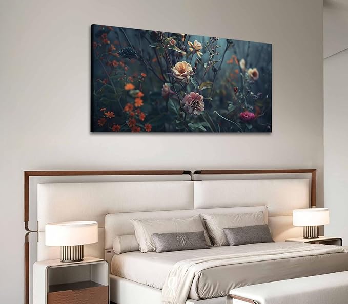 ADJUVANT Wall Art Impressionist Floral 40"L x 20"W, Dark Toned Blossoms With Lush Foliage Canvas Painting Enchanting Flowers Artwork Prints Floral Wall Decor for Living Room Bedroom Study Home Office