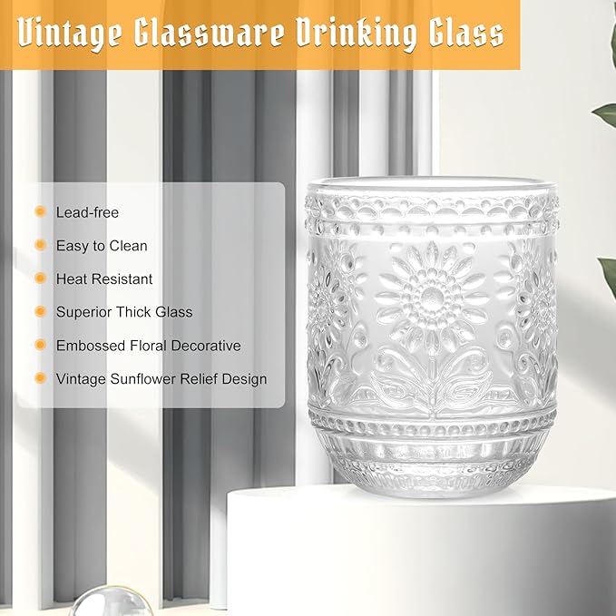 Topsky Vintage Drinking Glass Set of 4,12 oz Embossed Floral Drinkware Set,Colorful Drinking Glasses Cups Wine Glasses Colored Glassware for Whisky,Beer,Juice,Cocktail,Heavy Duty-Clear