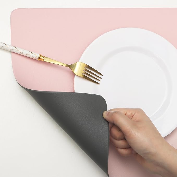 Faux Leather Placemats HeloHo Pink and Grey Table Place Mats Set of 6 Waterproof Oilproof Heat Stain Resistant Washable Wipeable Placemat for Kitchen Dining Table Decoration Indoor Outdoor