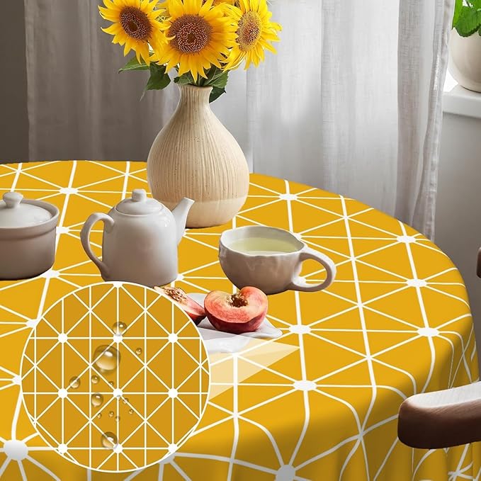 Laeacco 54 Inch Geometric Round Tablecloth Orange Triangle Modern Geometric Abstract Art Print Table Cloth Washable Waterproof Wrinkle Free Table Cover for Kitchen Dining Picnic Party Decoration
