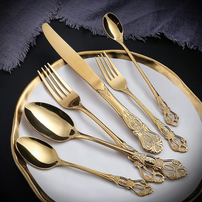 Gold Silverware Set for 14 Stainless Steel Flatware Set Palace Style Hollow Relief Decoration 56 Piece Cutlery Utensils Include Knives Forks and Spoons Tableware Set for Home Kitchen Restaurant Party