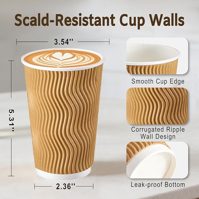 500 Pack 16 oz Disposable Coffee Cups No Lids, Insulated Ripple Wall Paper Coffee Cups 16oz for Hot Chocolate Tea Home Travel Office (Champagne)