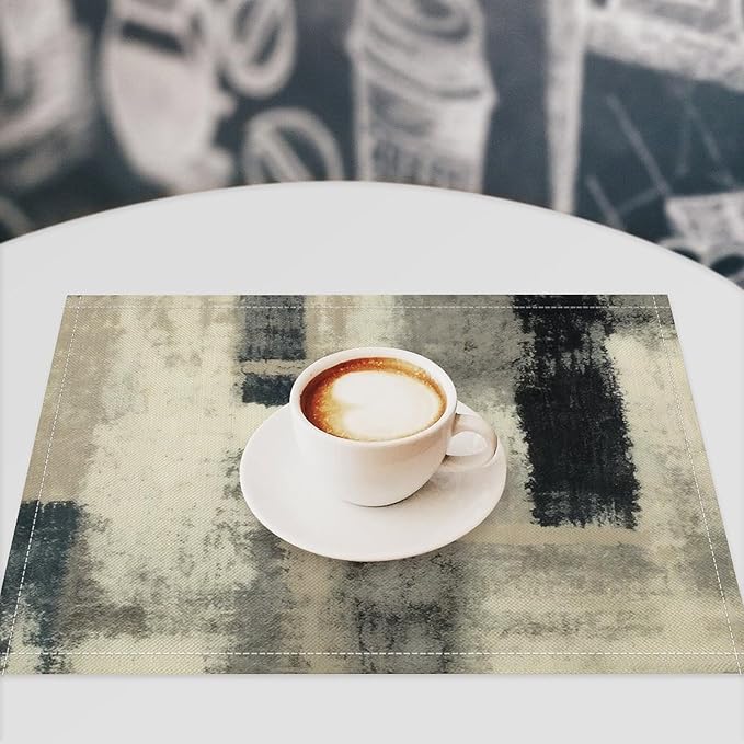 Gradient Placemat Set, Modern Minimal Fashion Abstract Beige Grey Blue Art Oil Painting Brush Strokes Patchwork Pattern Home Decor Linen Table Mats for Dining Room Kitchen Party (17x12in) x4P