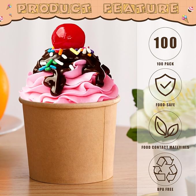 Honeydak 100 Pieces Ice Cream Soup Cups Paper 12 oz Disposable Sundae Bowls Kraft Paper Hot Cold Snack Yogurt Dessert Small Cups for Ice Cream Baby Shower Party Supplies, Brown Disposable Bowls