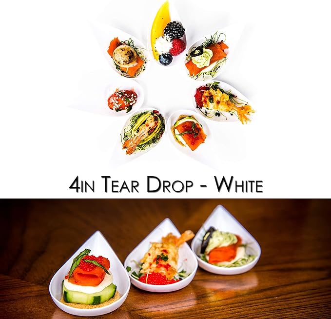 DLux 100 4-in Tear Drop Mini Appetizer Plates with Forks, Reusable White Plastic Spoons - Desserts and Appetizers Dishes Serving Plate - Asian Spoon Set, Small Catering Dessert Tasting Cups
