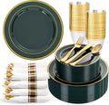 350PCS Green and Gold Plates - Green Plastic Plates 50Guests Plastic Plate with Rolled Napkins for Party/Birthday/St. Patrick's Day