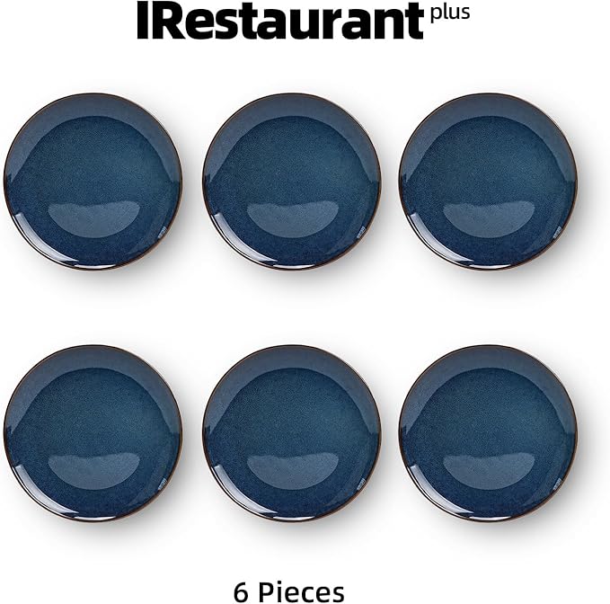 Organic Shape Highland Ceramic Dinner Plates, 6pcs 11.65 Inch Handmade Reactive Glaze Dinnerware Sets with Wavy Edge, for Kitchen, Microwave & Dishwasher Safe, Scratch Resistant-Blue
