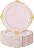 Nervure 100PCS Pink and Gold Plastic Plates - 10.25Inch Pink Disposable Plates - Plastic Dinner Plate for Weddings & Parties