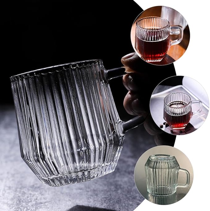 6pcs Ribbed Glass Mugs with Handles, Sturdy Household Water Cups for Coffee, Tea, Beer, and Juice, Creative Reusable Glassware Set for Office and Home Use