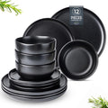 AmorArc Ceramic Dinnerware Sets, Wavy Rim Stoneware Plates and Bowls Sets,Dishwasher & Microwave & Oven Safe Dishes set, Service for 4 (12pc)-Matte Black