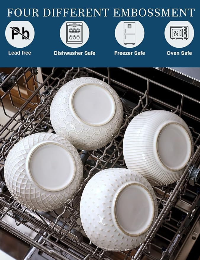 26oz Ceramic Cereal Bowls, Embossed Cereal bowls Set of 4, Large Soup Bowls Wide Anti-Slip Base, Dishwasher & Microwave Safe, 6 inch Stoneware Soup Bowls, Housewarming Gift, Arctic white