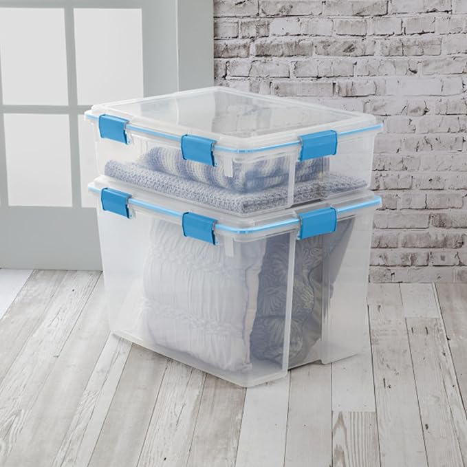 Sterilite 4-Pack Gasket Box, Home Storage Organizer Bins with Lids, 37 Quart – Stackable Clear Plastic Containers for Bedroom, Bathroom, Garage, Basement, or Attic