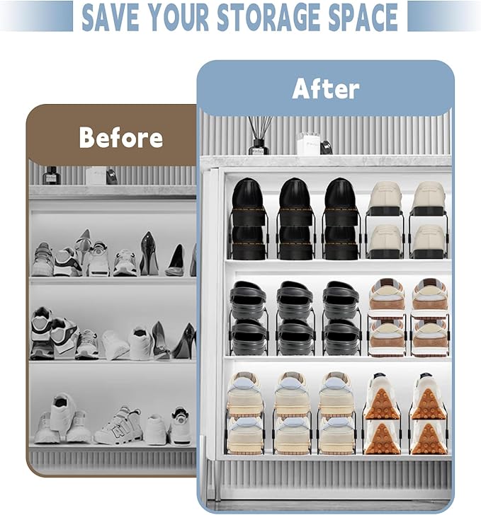 CiBiZi Shoe Slots Organizer 12Pack Metal Shoe Stackers for a Pair of Shoes Double Layer Shoe Holder Shoe Storage Closet Organizers Shoe Space Saver Organizador de Zapatos Black