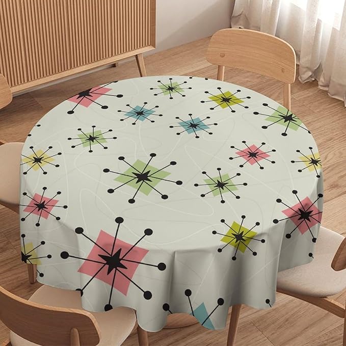 Retro Mid Century Round Tablecloth, Vintage Modern Colorful Abstract Geometric Art Bohemian Tablecloth for Home Party Dining Room Kitchen Decor 70Inch(178cm)