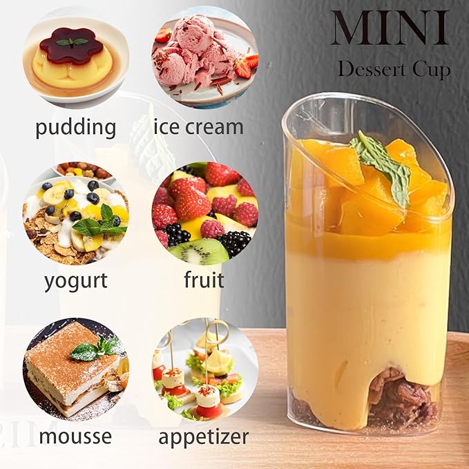 25 Pack Plastic Dessert Cups with Spoons, 3 oz Clear Mini Parfait Appetizer Cups, Reusable Slanted Triangle Shooter Serving bowls for Tasting, Small Dessert Shot Glasses