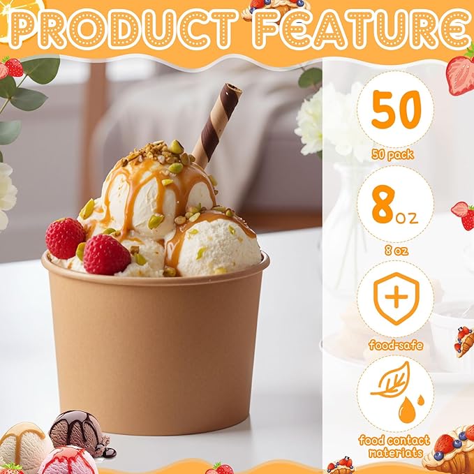 Honeydak 50 Pieces Ice Cream Soup Cups Paper Disposable Sundae Bowls Kraft Paper Hot Cold Snack Yogurt Dessert Small Cups for Ice Cream Baby Shower Party Supplies, Brown Disposable Bowls(8 Oz)
