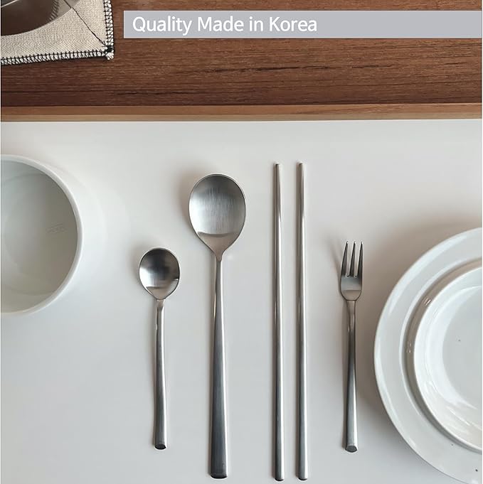 Korean Made Stainless Steel Silver Utensil Flatware Cutlery Korean Chopsticks and Spoon Set Tea Spoon and Tea Fork Set, 4SET Stocking Stuffer Gift for Mom Stocking Stuffer