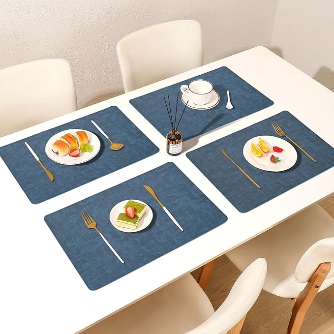 Faux Leather Placemats Set of 6, Heat Resistant Wipeable Washable Vinyl Place Mats, Waterproof Anti-Slip Dining Table Mats, Suitable for Indoor & Outdoor Use (Navy Blue)