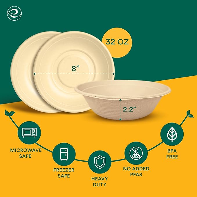 ECO SOUL 100% Compostable 32 Oz Soup Bowls [100-Pack] Disposable Sturdy Bowls I Heavy Duty Paper Bowl I Eco-Friendly Salad Bowl I Biodegradable Large