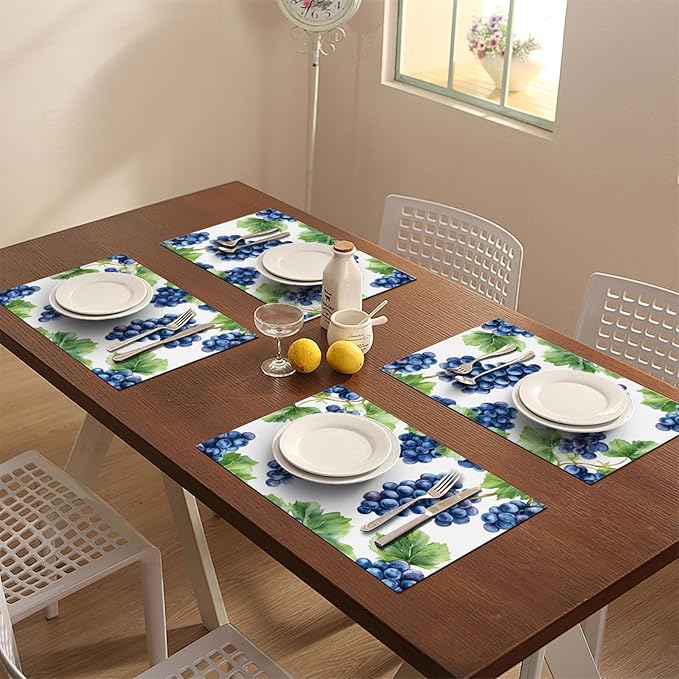 Grape Placemats Set of 6, Blue Grapes Place Mats, Fruit Waterproof Washable Table Mats for Home Party Indoor Kitchen Dining Table Decoration 12x18 Inch