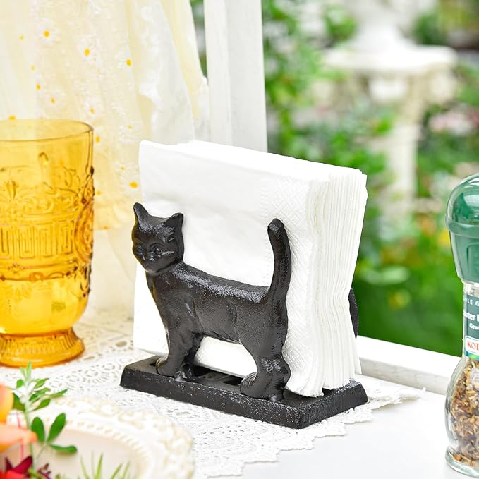 Sungmor Vintage Cast Iron Napkin Holder, Rustic Farmhouse Napkins Holder, Freestanding Table Napkins Stand, Lovely Cat Statue Decor Paper Napkin Rack, Home Restaurant Dining Table Square Napkin Holder