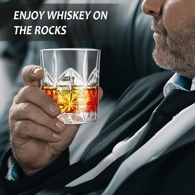 Whiskey Glass Set of 2, 10 oz Crystal Whiskey Glasses Thick Bottom Bourbon Gifts for Men, Old Fashioned Rocks Glasses Tumbler for Scotch, Cocktail, Father's Day Gifts for Men (Glass Set 2)
