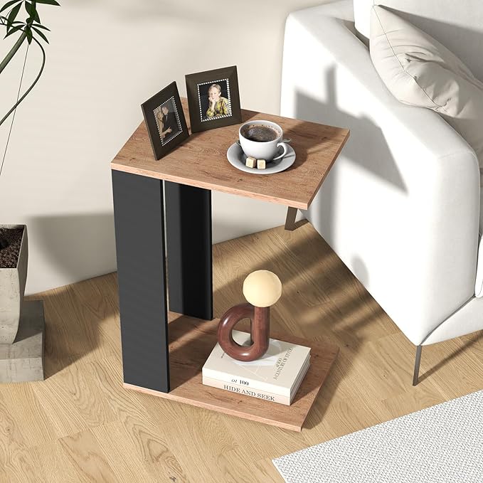 Giantex Rolling C Shaped End Table Set of 2, 2-Tier Sofa Side Table with Universal Wheels & Storage Shelf, Narrow Nightstand for Small Space, Mobile Snack Couch Tray Table for Living Room & Bedroom