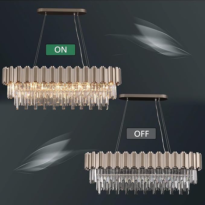 L43.3 Modern Rectangle Crystal Chandelier Nickel Linear Pendant Ceiling Light Fixture for Dining Room Contemporary Oval Raindrop Chandeliers Lighting for Kitchen Island 13-Light