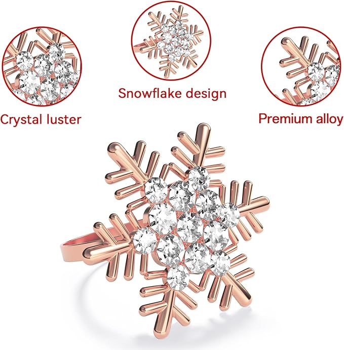ZeeDix Christmas Snowflake Napkin Rings Set of 8- Rose Gold Rustic Dinner Tables Setting Decoration for Wedding Receptions, Christmas Holiday Party Dinner Parties