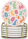 Easter Bunny Coasters with Metal Holder Easter Rabbit Eggs Flower Coasters with Cork Base Drink Coasters Round Absorbent Ceramic Stone Coaster for Home Kitchen Table Decor Set of 6
