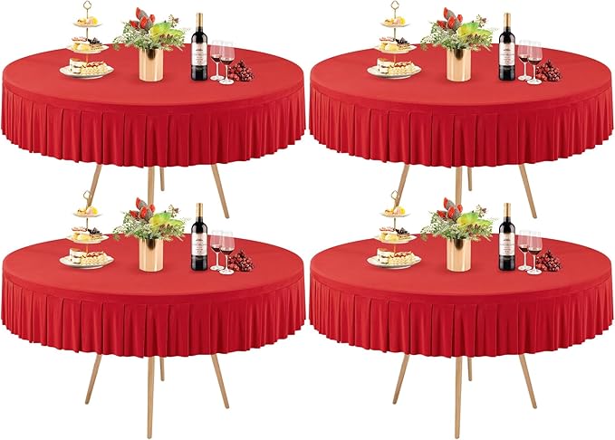4 Pack Red Spandex Round Tablecloths for 60 Inch Tables, Stretchy Fitted 5FT Cloths, Wrinkle-Free Cover With Skirt for Wedding Party Dining Banquet