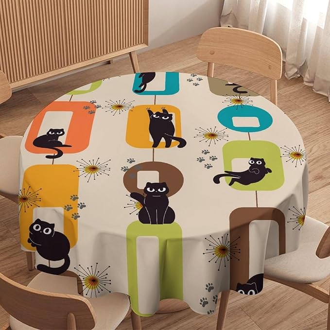 Bohemian Black Cat Round Tablecloth, Rustic Vintage Mid Century Geometric Tablecloth for Home Party Dining Room Kitchen Decor 70Inch(178cm)