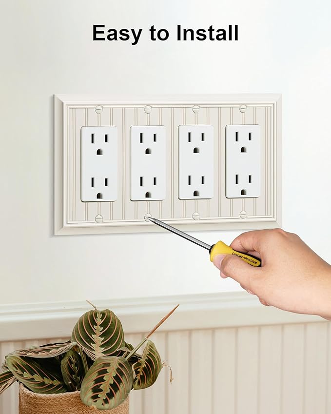 2-Pack Classic Beadboard Quad Decorator Wall Switch Cover, Light Almond Decorative Switch Plate and Outlet Cover, Natural Bamboo Fiber 4 Gang Wall Plate for Electrical Outlet, Receptacle, GFCI Outlet