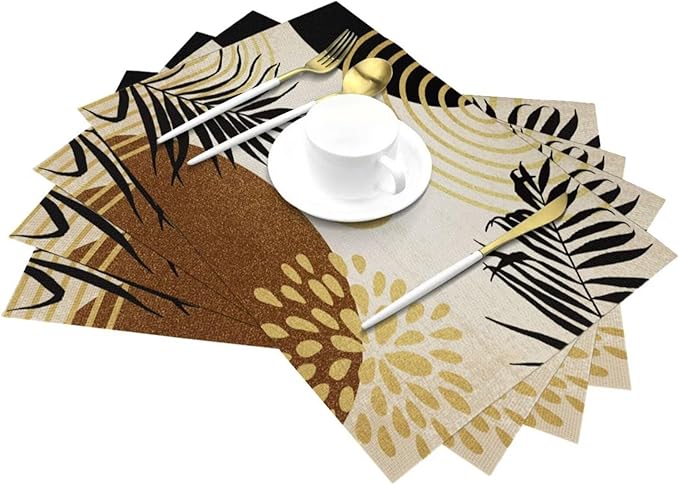 Boho Mid Century Placemats Abstract Golden Dots Leaves Modern Geometric Minimalist Aesthetic Washable Place Mats 12x18Inch for Dining Kitchen Farmhouse Decor 6 PCS